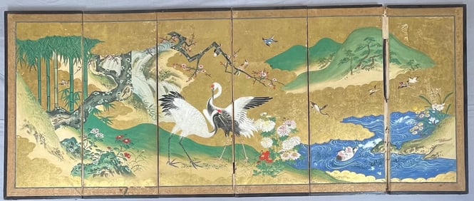 Japanese Six-Fold Screen Gold-Leaf On Paper
