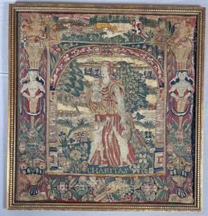 Embroidered Framed Tapestry: Charitas Embroidered Wall Art/Tapestry Likely Renaissance or Baroque Period. F: 21"h x 20"w S: 19.5"h x 18.25"w