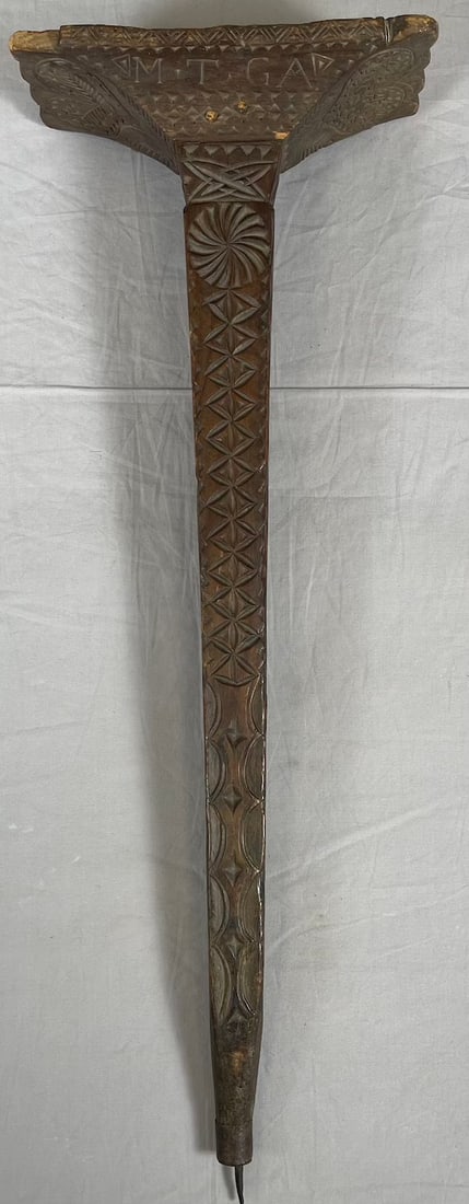 Traditional Wooden Possibly Headrest/Stool: Wooden Hand-Carved traditional likely Headrest or Stool. 22.25"h x 8"w