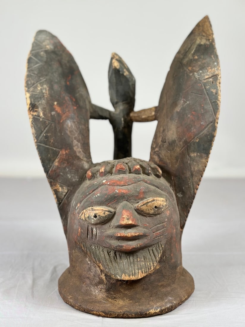 Gelede Mask: A carved wood Gelede mask, Yoruba peoples, Nigeria, West Africa. Approx. 17" x 11" x 8"