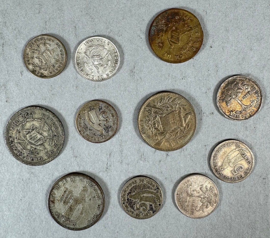 Guatemala Silver, Copper and Nickel Coins (11): 11 Guatemala Silver, Copper and Nickel Coins.