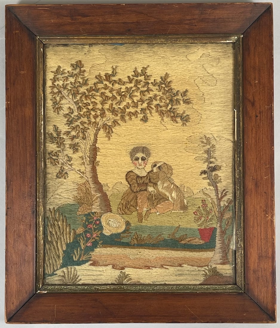 Wool Embroidery Framed Tapestry of Woman Embracing A Dog (1 of 11)