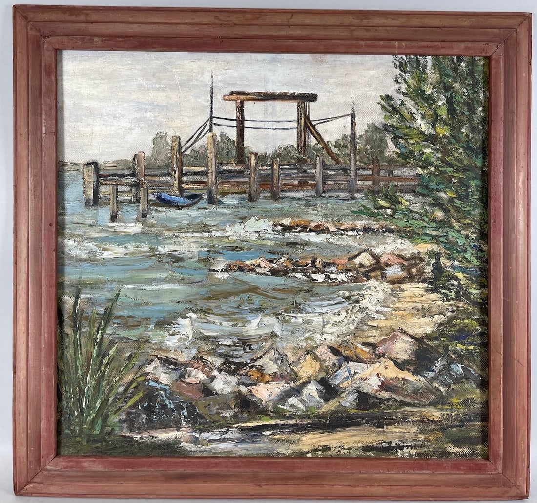 Mary Buckwalter Portscape Oil On Canvas: Oil Painting on Canvas by Mary Buckwalter. F: 24.5"h x 26"w S: 20"h x 21.5"w
