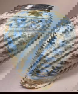 Antique Persian Pottery Vase: Antique Persian Blue-White Underglaze Painted Pottery Vase. 10'h x 8'w