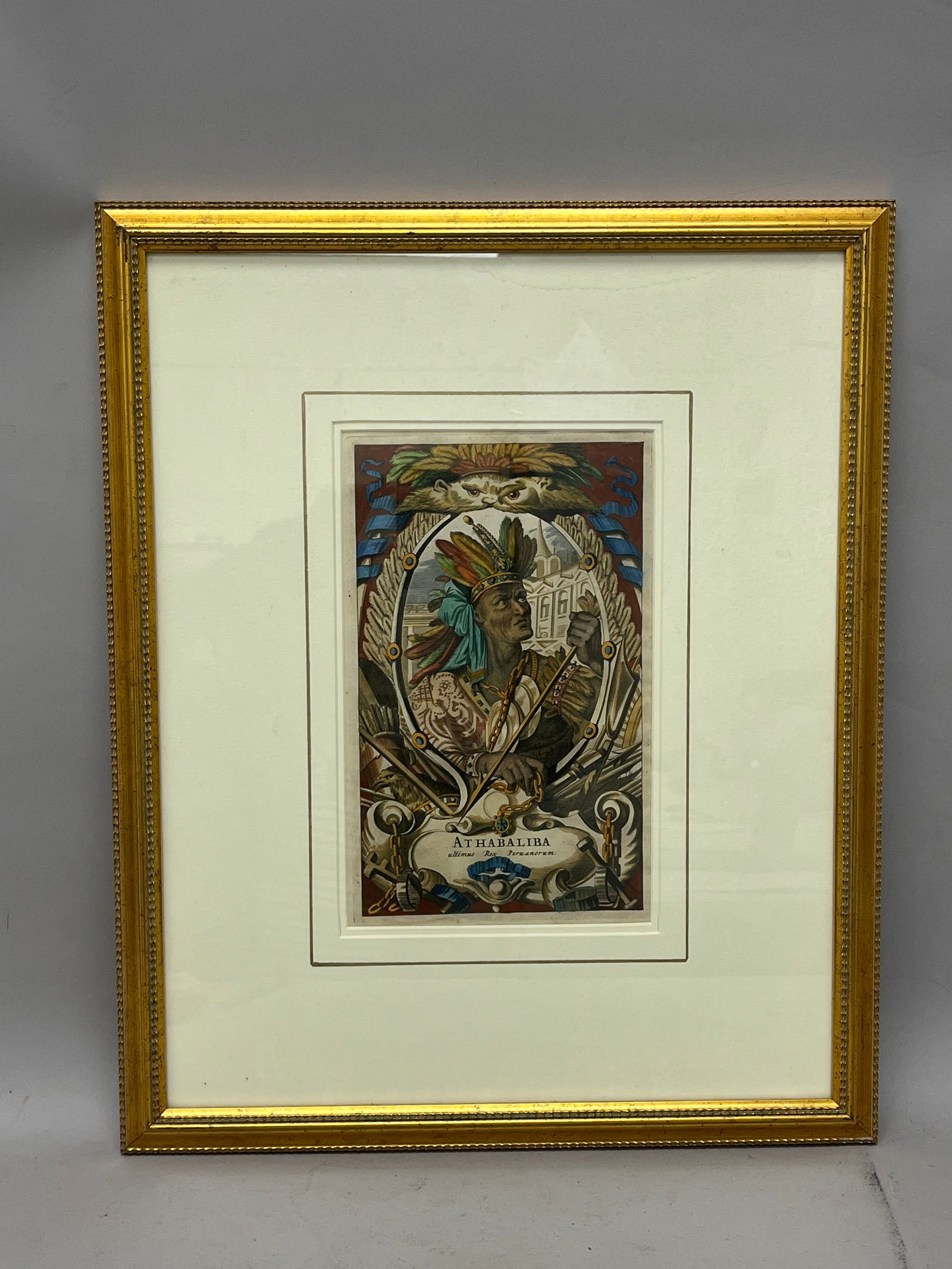 Hand Colored Engraving of Anthabaliba The King of Peruvians: Hand Colored Engraving of Anthabaliba The King of Peruvians. D: Frame 18"w x 22"h Sight 7"w x 11.5"h