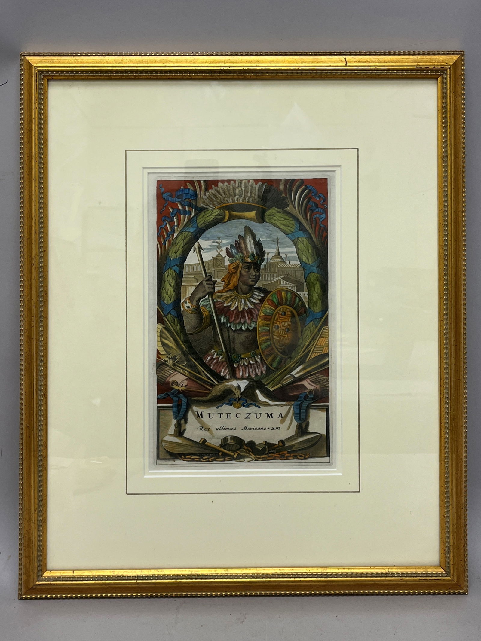 Hand Colored Engraving of Montezuma The King of Aztecs: Hand Colored Engraving of Anthabaliba The King of Aztecs. D: Frame 18"w x 22"h Sight 7"w x 11.5"h