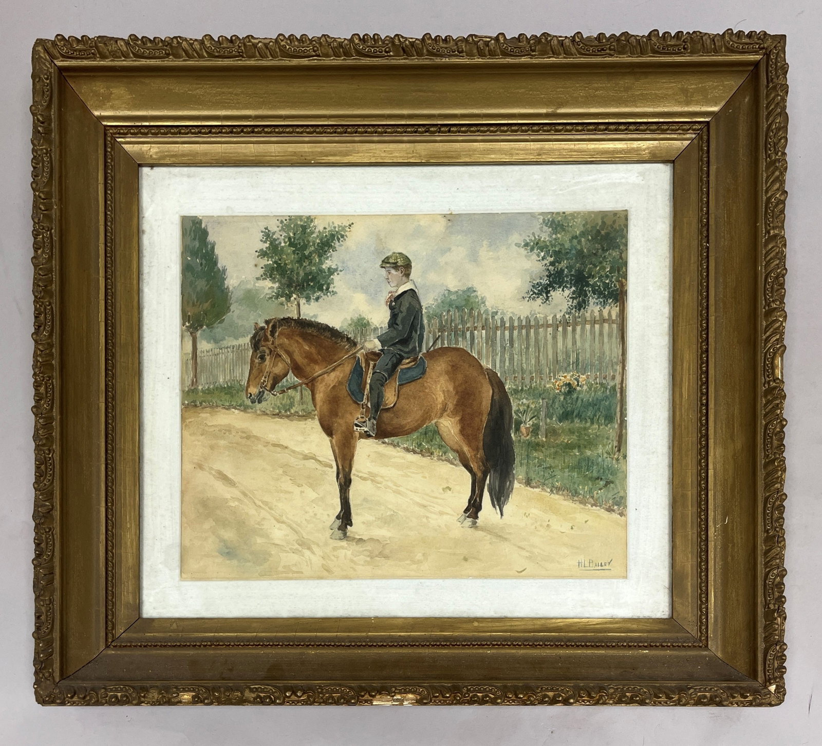 Horse Rider Watercolor Painting by H. L. Bailey: Horse Rider Watercolor by H. L. Bailey. . Signed lower right. D: Frame 21"w x 18.5"h Sight 13.5"w x 11"h