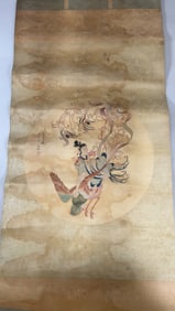 Vintage Chinese Scroll Wall Art Peacock and Lady Motif