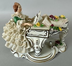 Vintage Dresden Lace Victorian Lady Piano Player Porcelain Figurine