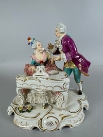 Vintage Alka Kunst Kronach Bavaria Lace Couple Playing Piano Porcelain Figurine