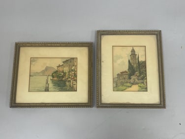 Pair of Watercolors Italian Seaside Village Scene