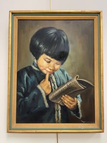 Vintage Chinese Portrait Girl Reading Book by Ming