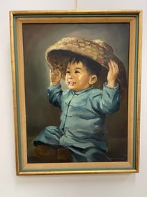 Vintage Chinese Portrait Boy Holding His Hat by Ming