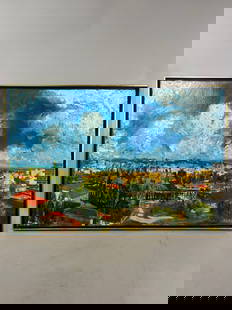 Oil Cityscape on Canvas by Lurie: Oil Cityscape on Canvas. Lurie signed lower right. 21.5"h x 32"w (sight), 22.5"h x 33"w (frame)