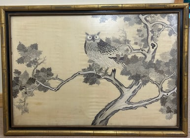 Owl Mixed Media Art on Silk Screen