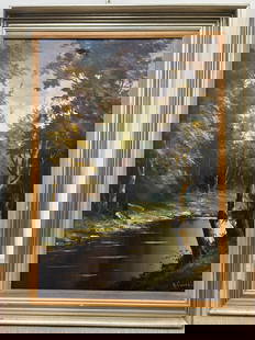 Oil on Canvas Landscape Painting: Oil on Canvas Landscape Painting. Signed lower right. 38.5"h x 26.5"w (sight), 46.5"h x 34.5"w (frame)