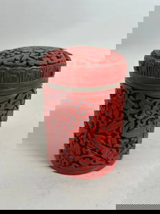 Chinese Cinnabar Lacquer Cylindrical Box: Chinese Cinnabar Lacquer Cylindrical Box. 3.5"h 2.5"w