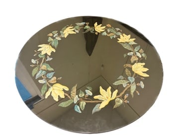 Glass Top Floral Inlaid Marble Round Center Table. D: 22"h x 35"d.