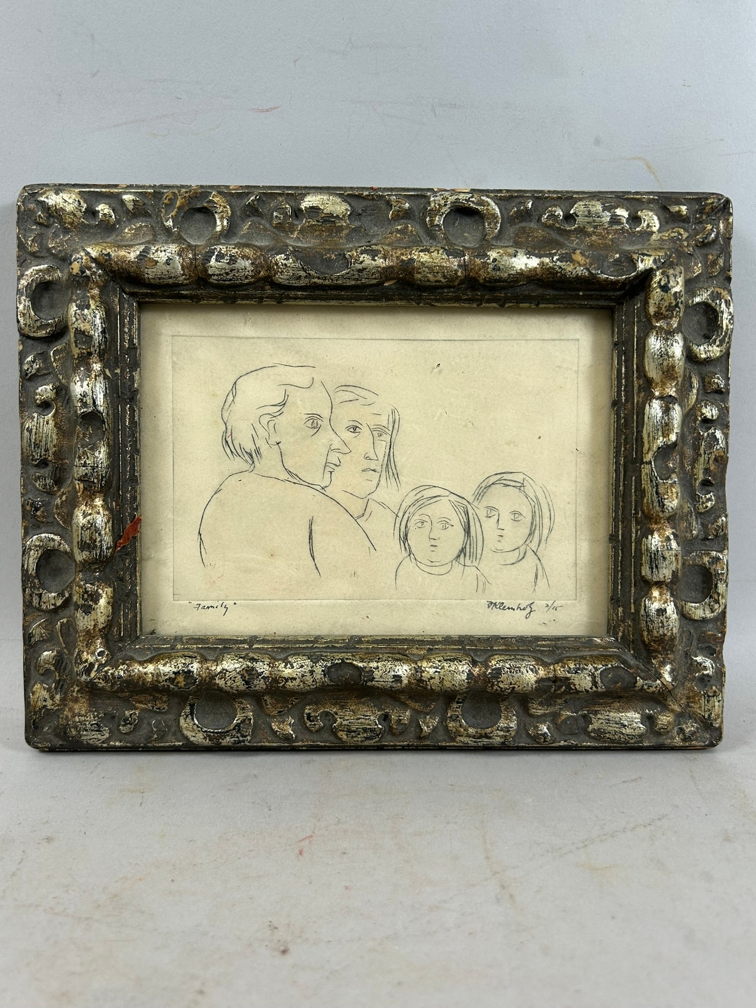 Frank Kleinholz Drawing "Family": Frank Kleinholz Drawing "Family". 3.5"h x 5.5"w (sight), 7.5"h x 9.5"w (frame)