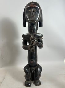 African, Fang, Gabon, Carved Wood Seated Male Statue with Brass Accents