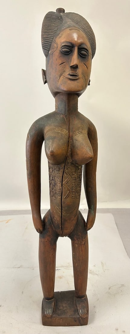 African, Baule, Ivory Coast, Carved Wood Female Figure: African, Baule, Ivory Coast, Carved Wood Female Figure. 36"h x 7.5"w x 7.5"l