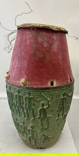 African, Ghana, Akan, Ashanti Wooden Carved Drum: African, Ghana, Akan, Ashanti Wooden Carved Drum. 30"h x 17"w x 17.5"l