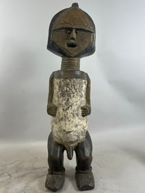 Gabon, DRC, Mbete Wooden Reliquary Statue with Brass Accents