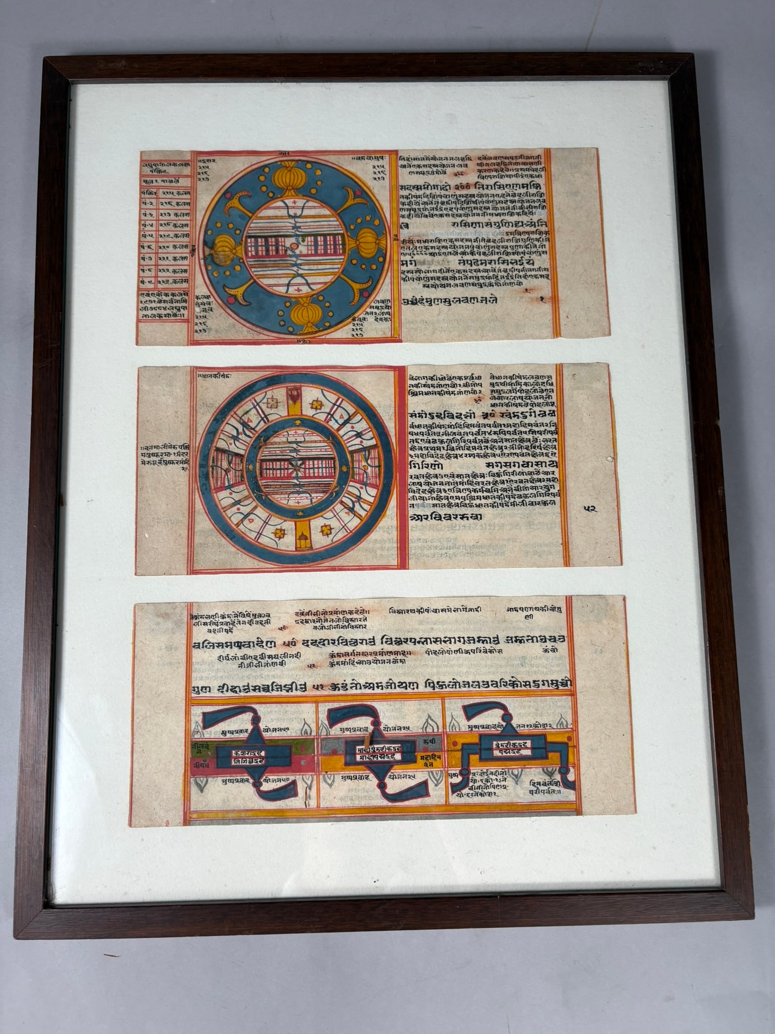 Hindi Sanskrit Handwritten Leaf with Painting: Hindi Sanskrit Handwritten Leaf with Painting. D:18.5"h x 14.5"w (frame) Leaf: 4.5"h x 10"w (each)