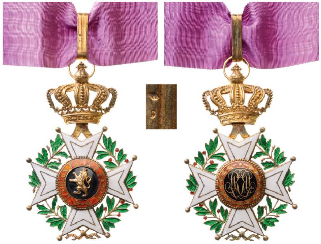 ORDER OF LEOPOLD: Commander's Cross for Civil, 3rd Class, instituted in 1832. Neck Badge, 92x58 mm, gilt Silver, hallmarked "boar's head", maker's mark "Arthus Bertrand", central medallion GOLD and gilt, both sides ena