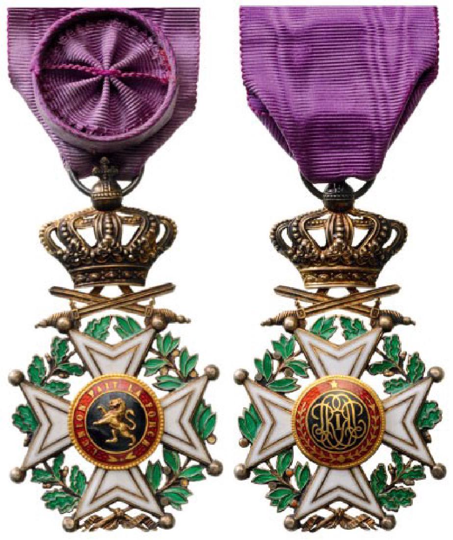 ORDER OF LEOPOLD: Officer's Cross, 4th Class, 2nd Type Military, instituted in 1832. Breast Badge, 70x40 mm, gilt Silver, both central medallions gilt, both sides enameled, original suspension ring and ribbon with rose