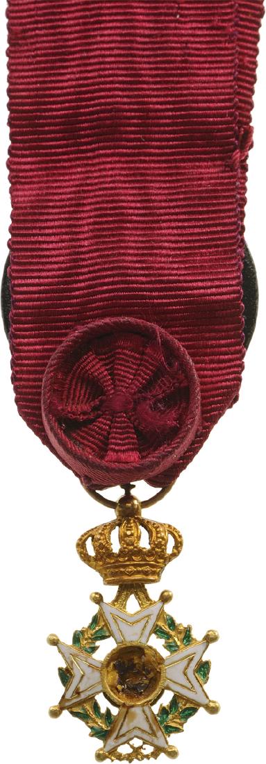 ORDER OF LEOPOLD: Officer's Cross Miniature, 4th Class, Civil Division, instituted in 1832. Breast Badge, 22x13 mm, GOLD, enameled, obverse central medallion missing, with royal crown suspension device, ring and ribbon