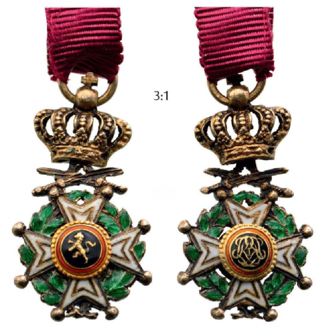 ORDER OF LEOPOLD: Officer’s Cross Miniature, 4th Class, Military Division, instituted in 1832. Breast Badge, 19x9 mm, gilt Silver, enameled both sides, original crown suspension device, ring and ribbon. I