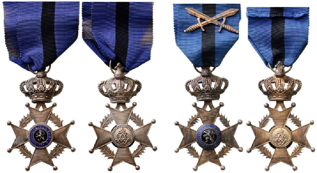 Lot of 2 ORDER OF LEOPOLD II: Knight's Crosses, one Bilingual Military, one Unilingual Civil, 5th Class, instituted in 1900. Breast Badges, 64x40 mm, Silver, central medallions silver, one side enameled, original suspension rings 