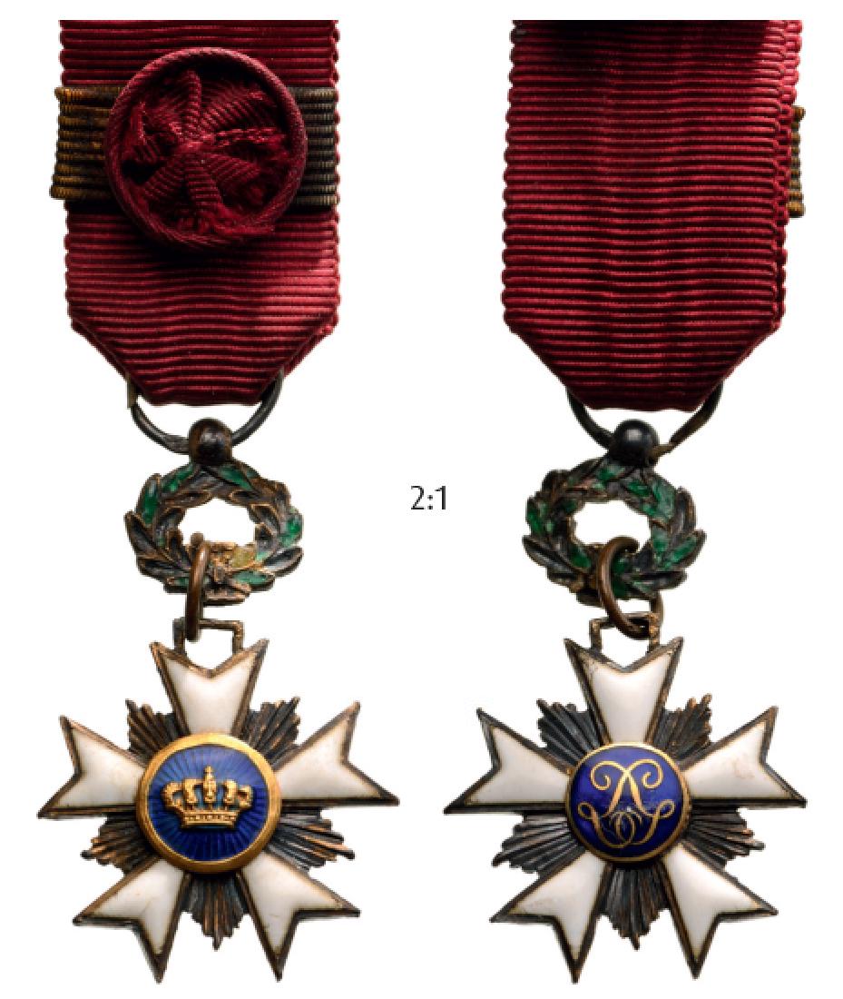 ORDER OF THE CROWN: Commander’s Cross Miniature. Neck Badge, 30x21 mm, Silver, enameled, medallions GOLD, original ribbon with rosette. I