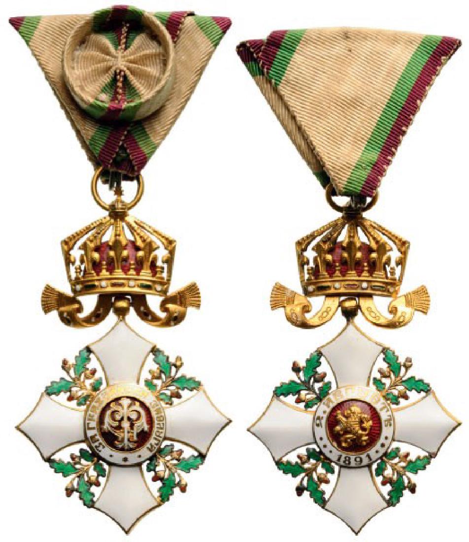 ORDER OF CIVIL MERIT, 1891: 4th Class Cross (Officer), 2nd Type (with Imperial Crown), instituted in 1891. Breast Badge, 75x48 mm, gilt Bronze, maker's mark, both sides enameled, both central medallions gilt, enameled, original