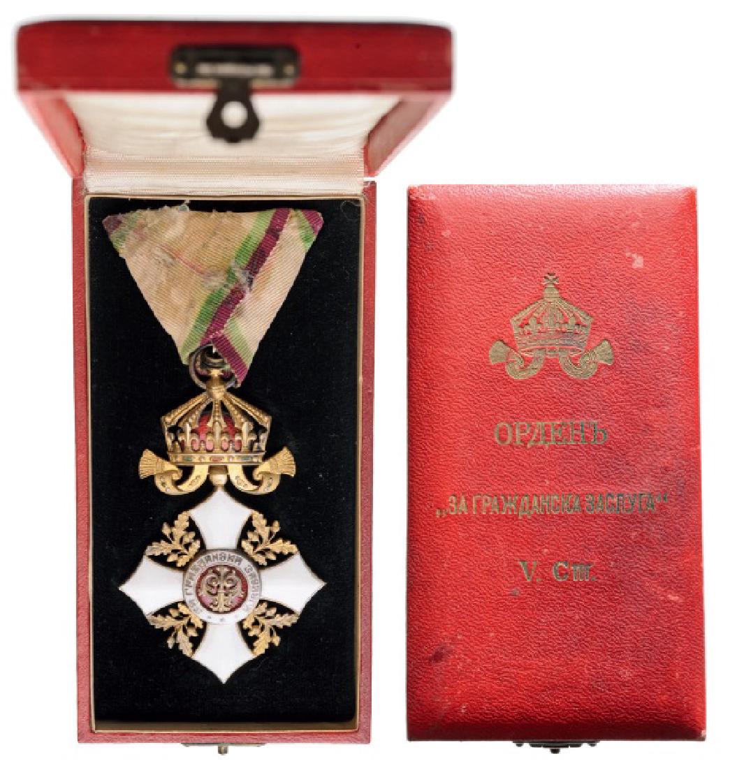 ORDER OF CIVIL MERIT, 1891: 5th Class Cross (Knight), 2nd Type (with Imperial Crown), instituted in 1891. Breast Badge, 47 mm, gilt Silver, both sides enameled, both central medallions silver, enameled, original suspension ring 