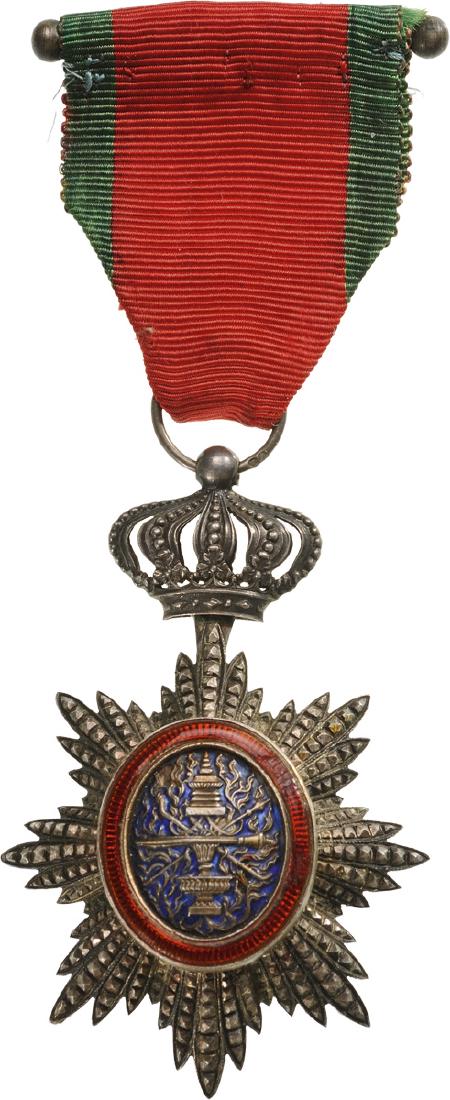 ROYAL ORDER OF CAMBODIA: Knight's Cross, 5th Class, instituted in 1864. Breast Badge, 72x46 mm, Silver with brilliant cut rays, entirely repierced, central medallion silver, enameled, original suspension ring and ribbon. Nice