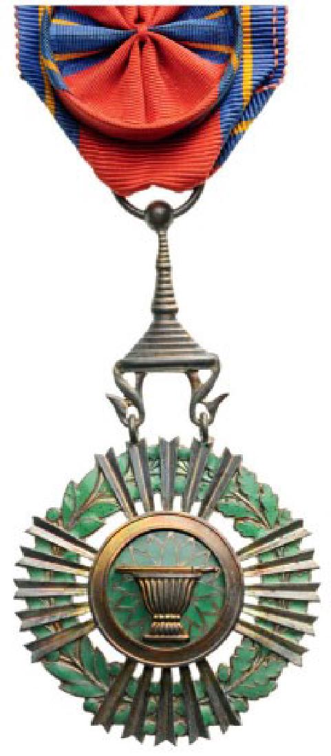 ROYAL ORDER OF SAHAMETREI: Officer's Cross, 4th Class, instituted in 1948. Breast Badge, 75x43 mm, Silver, original suspension device, ring and ribbon with rosette. I