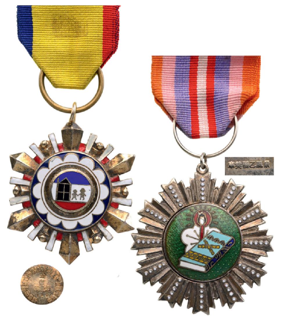 Lot of 2 unidentified Chinese Medals both related to: Breast Badges, 50 and 45 mm, Silver, medallions silver enameled, original suspension rings and ribbons, reverse with Chinese inscriptions, one numbered. Nice decorations, in extremely fi ne condition!