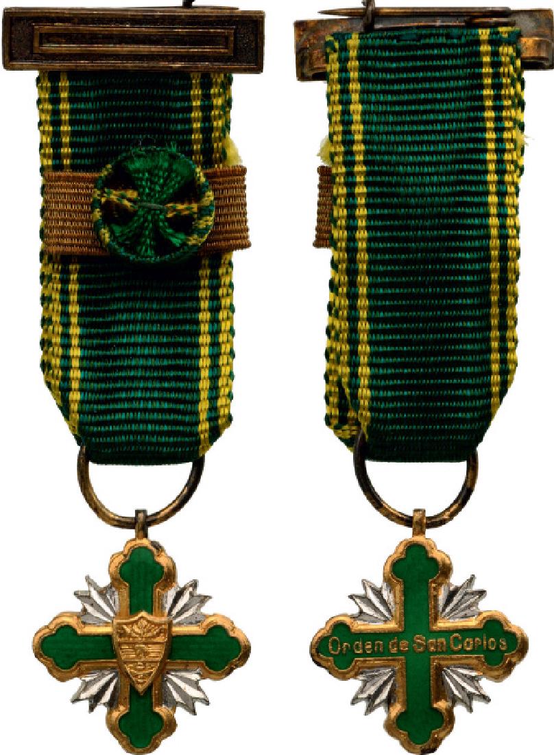 ORDER OF SAN CARLOS: Miniature Breast Badge, silvered and gilt Bronze, 16 mm, enameled, center medallion gilt, original ribbon with clasp and rosette. Very fine miniature! I