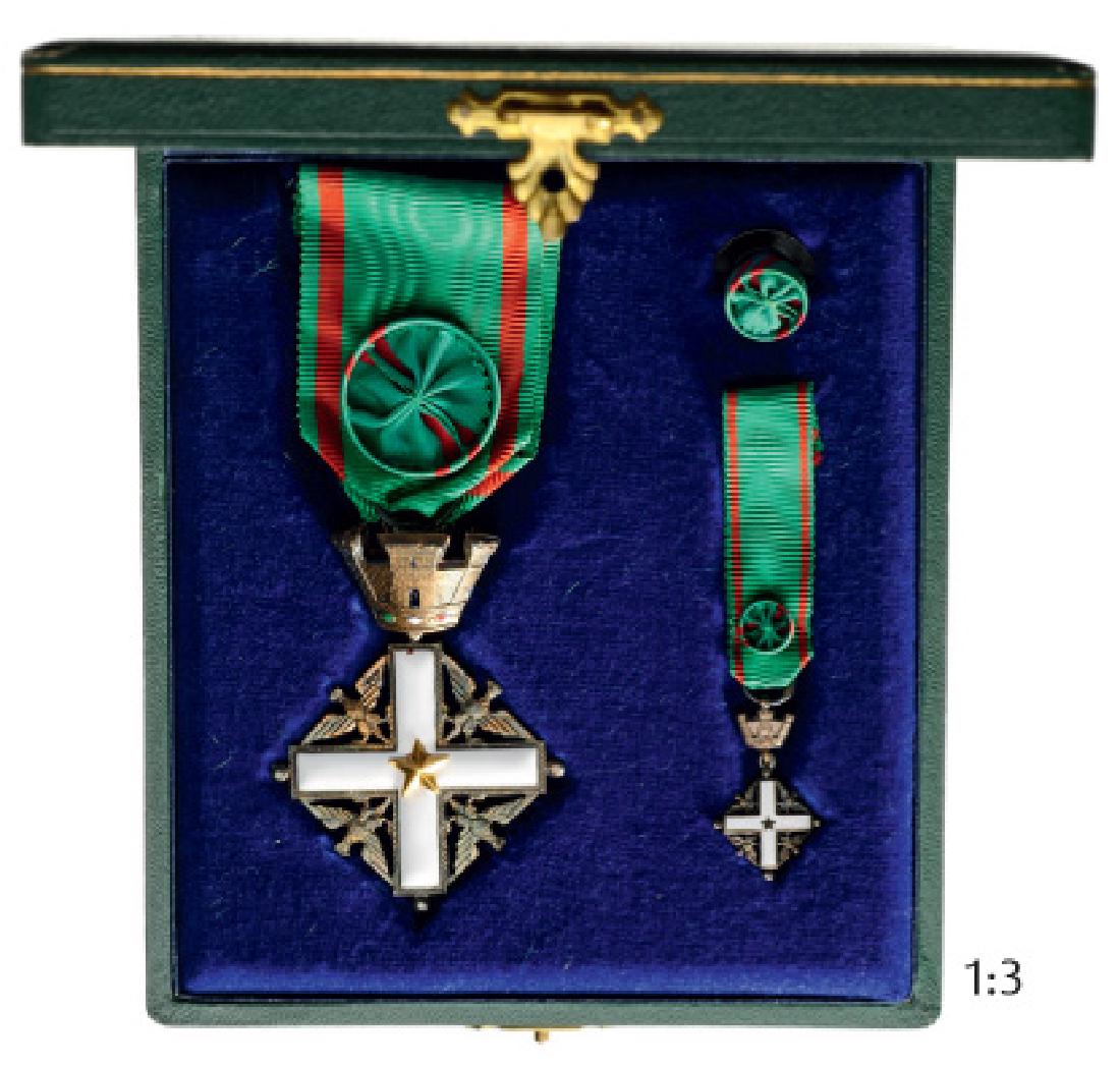 ORDER OF MERIT OF THE ITALIAN REPUBLIC: Officer’s Cross, 4th Class, instituted in 1951. Breast Badge, gilt Silver, 62x45 mm, enameled, with crown suspension device and original ribbon with rosette. In original case of issue by "Unione Mil