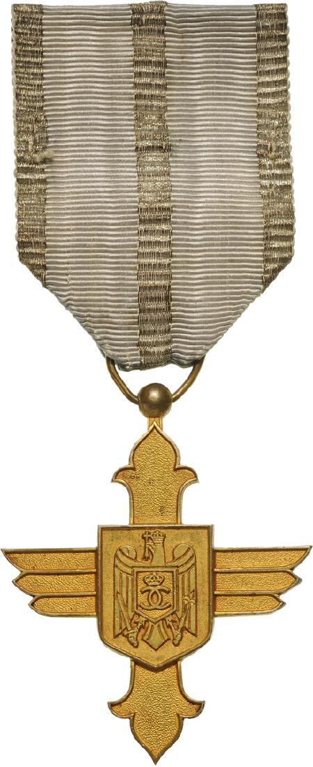ORDER OF THE AERONAUTICAL VIRTUE, 1930: Gold Cross, 1st Model with cipher of King Carol II, for Civil, 1930. Breast Badge, 50x40 mm, gilt Bronze, signed "Lavriller", original suspension ring and ribbon. Extremely fine quality and condition!