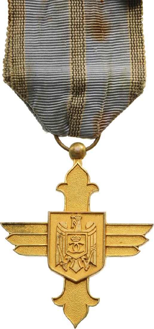 ORDER OF THE AERONAUTICAL VIRTUE, 1930: Gold Cross, 1st Model with cipher of King Carol II, for Civil, 1930. Breast Badge, 50x40 mm, gilt Bronze, unsigned model, original suspension ring and ribbon. Superb quality and mint condition! I R!