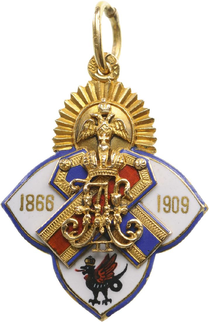 GOLD Jetton of the Military School of Kazan: Breast Badge, 35x26 mm, GOLD and polychrome enamelwork and separately-made imperial monograms of the tsars Aleksander II and Nicholas II, the reverse, with red enameled motto “To win or to die” an