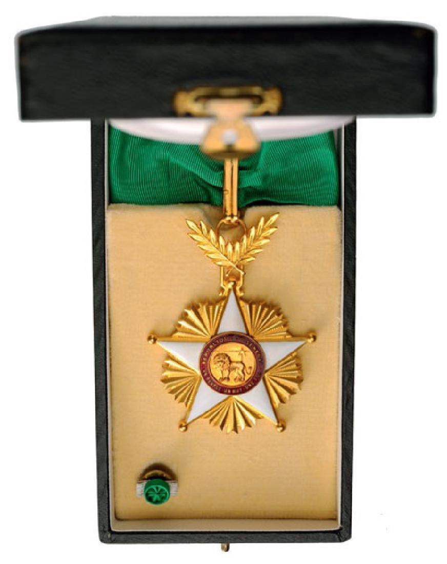 ORDER OF THE LION: Commander’s Cross, 3 rd Class, instituted in 1960. Neck Badge, 80x58 mm, gilt bronze, maker’s mark “Arthus Bertrand&Cie”, obverse enameled, both central medallions gilt bronze, enameled, with