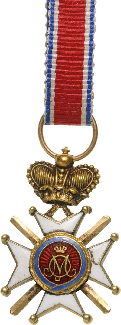 ORDER OF TAKOVO: Officer’s Cross Miniature, 4th Class, instituted in 1865. Breast Badge, 22x16 mm, GOLD, center medallion with the monogram "MO" on red enamel, enameled princely crown suspension, ring and ribbon. A 