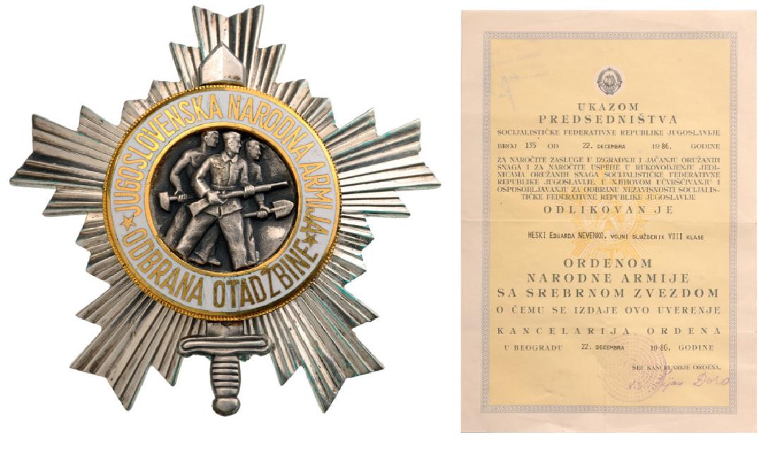 ORDER OF THE PEOPLE’S ARMY: Silver Star and Diploma of the Order awarded to a Yugoslav Citizen, 3rd Class, instituted in 1952.Breast Badge, silver, 70 mm, hallmarked "900", Yugoslav Mint Mark, superimposed parts silver partially
