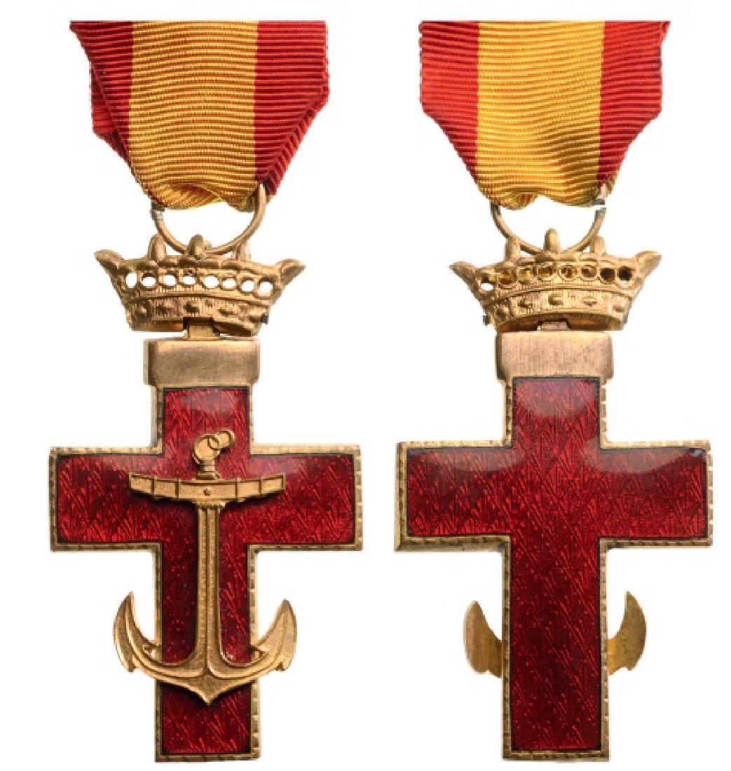 ORDER OF NAVAL MERIT: Red Division, 2nd Class Cross, 1936-1977, instituted in 1931. Breast Badge, 45x38 mm, gilt bronze, both sides enameled, superimposed part gilt bronze, original suspension ring, ribbon and attachment b