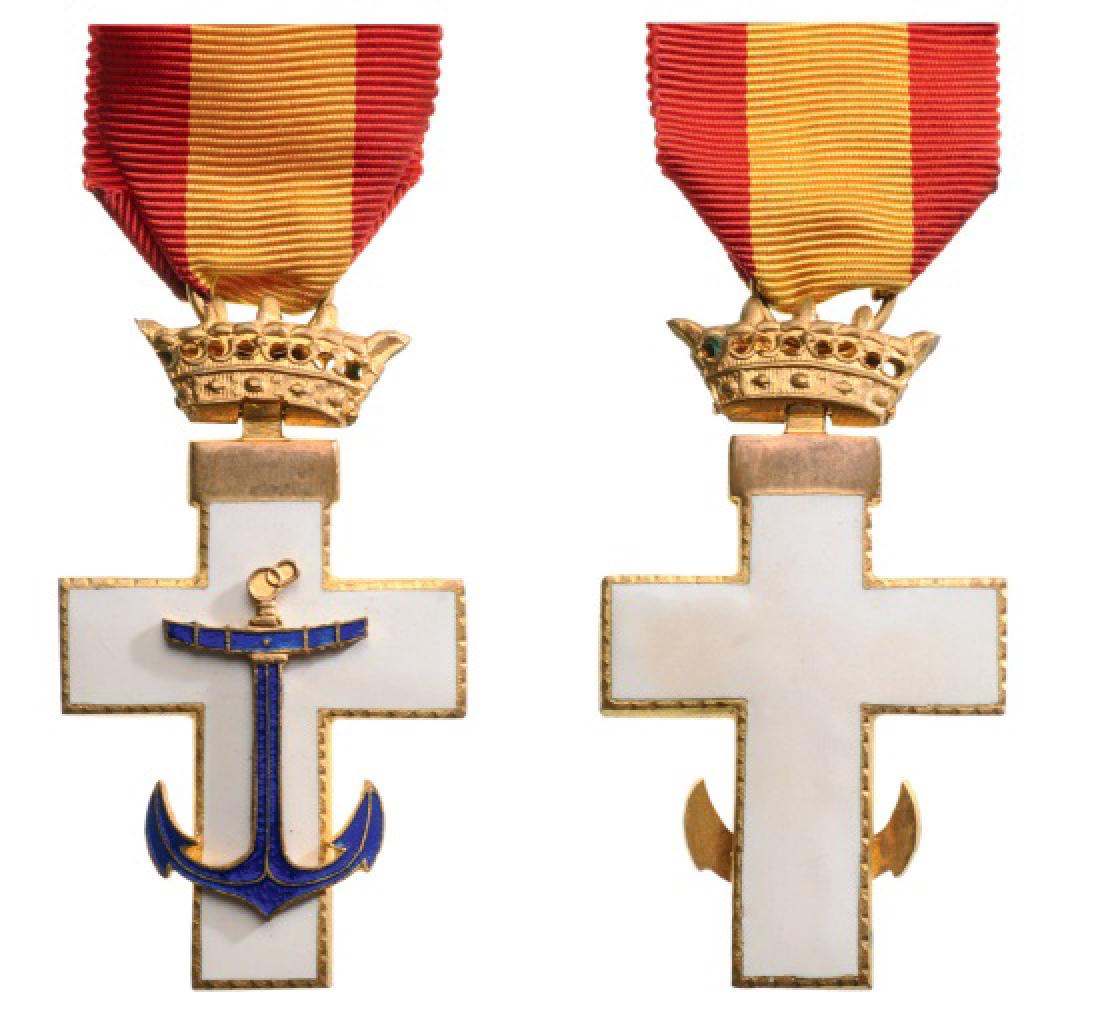 ORDER OF NAVAL MERIT: White Division, 2nd Class Cross, 1970-1977, instituted in 1931. Breast Badge, 45x38 mm, gilt bronze, both sides enameled, superimposed part gilt bronze, enameled, original suspension ring, ribbon and 
