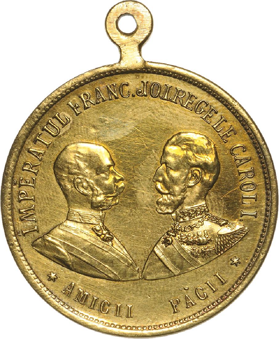 Carol I - Visit of Franz Joseph I in: Medal 1896, signed by Carniol Fiul, with original suspension loop, gilt Bronze (33 mm, 14.72 g). XF Country:ROMANIA